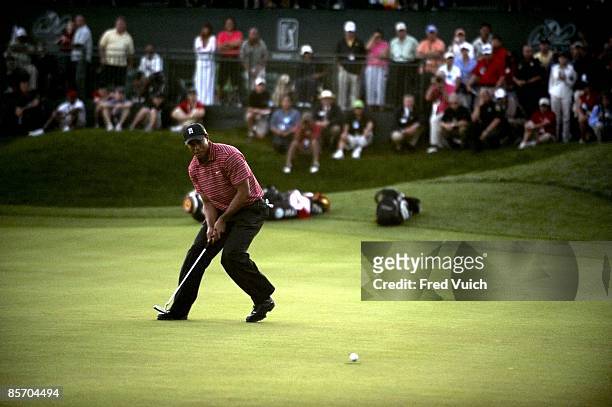 Arnold Palmer Invitational: Tiger Woods in action, making birdie putt on No 18 to win tournament during Sunday play at Bay Hill Club & Lodge....