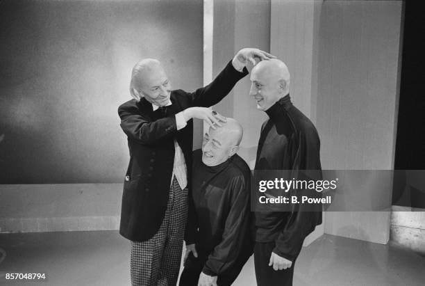 English actor William Hartnell , the first incarnation of TV's 'Doctor Who', feels the hairless pates of two ticklish co-stars, including actor...