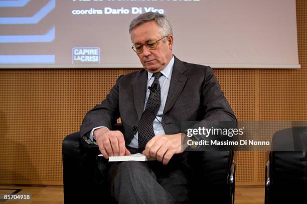 Italian Finance Minister Giulio Tremonti attends a presentation of the book "L'Italia in Gabbia" by Tabellini Guido, at Fondazione Corriere della...