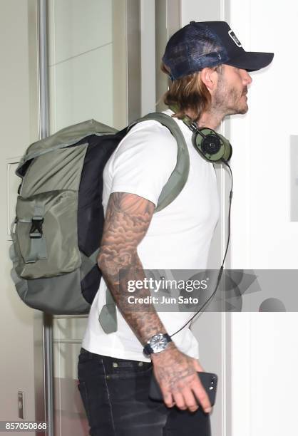 David Beckham is seen upon arrival at Haneda Airport on October 3, 2017 in Tokyo, Japan.