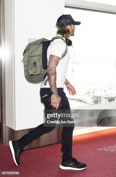 David Beckham is seen upon arrival at Haneda Airport on October 3, 2017 in Tokyo, Japan.