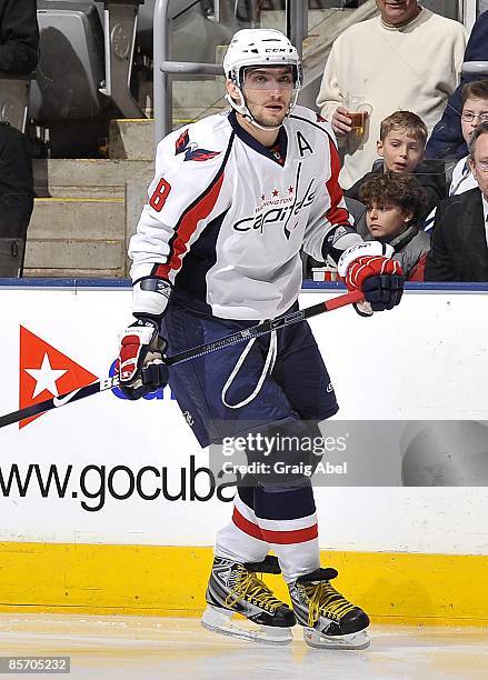 Alex Ovechkin of the Washington Capitals skates during game action against the Toronto Maple Leafs March 24, 2009 at the Air Canada Centre in...