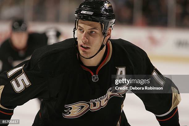 Ryan Getzlaf of the Anaheim Ducks faces off against the Edmonton Oilers during the game on March 27, 2009 at Honda Center in Anaheim, California.