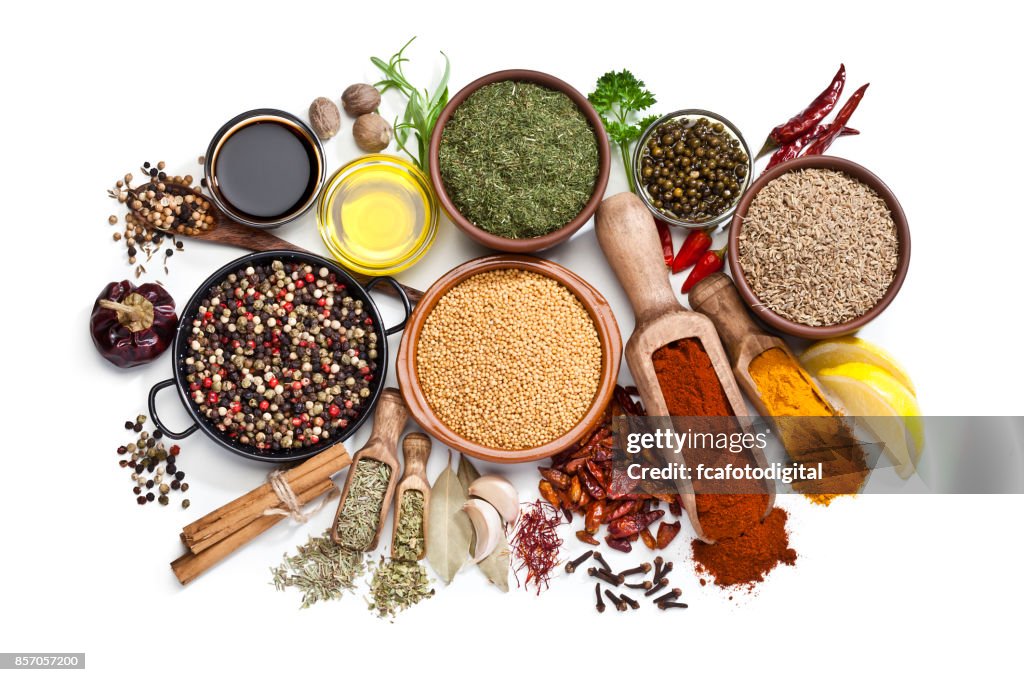 Spices and herbs isolated on white background