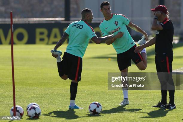 Portugals forward Ricardo Quaresma and Portugals forward Cristiano Ronaldo during National Team Training session before the match between Portugal...