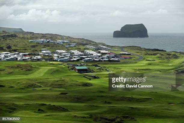 View from the hill above the Westman Island Golf Club, Golfklubbur Vestmannaeyja on June 21, 2017 in Vestmannaeyjar - hofn, Iceland.