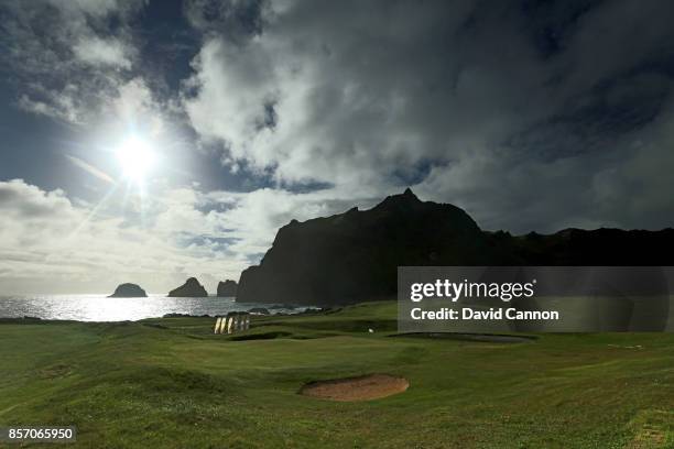 The green on the 18th hole at the Westman Island Golf Club, Golfklubbur Vestmannaeyja on June 21, 2017 in Vestmannaeyjar - hofn, Iceland.