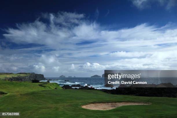 The green on the par 3, 17th hole at the Westman Island Golf Club, Golfklubbur Vestmannaeyja on June 21, 2017 in Vestmannaeyjar - hofn, Iceland.