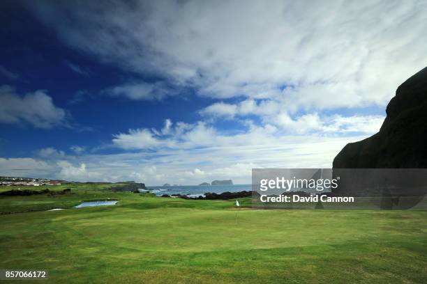 The green on the par 5, 16th hole at the Westman Island Golf Club, Golfklubbur Vestmannaeyja on June 21, 2017 in Vestmannaeyjar - hofn, Iceland.