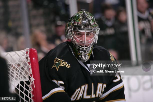 Marty Turco of the Dallas Stars tends goal against the Florida Panthers on March 28, 2009 at the American Airlines Center in Dallas, Texas.