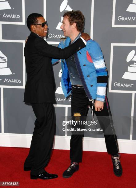 Rapper Jay-Z greets singer Chris Martin of Coldplay arriving to the 51st Annual GRAMMY Awards at the Staples Center on February 8, 2009 in Los...