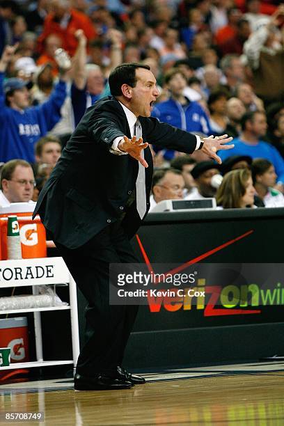 Head coach Mike Krzyzewski of the Duke Blue Devils reacts to a play against the Florida State Seminoles during the championship game of the 2009 ACC...