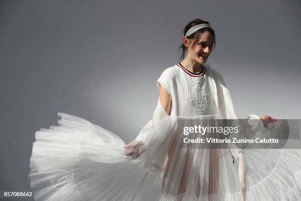 Model poses prior the Moncler Gamme Rouge show as part of the Paris Fashion Week Womenswear Spring/Summer 2018 on October 3, 2017 in Paris, France.