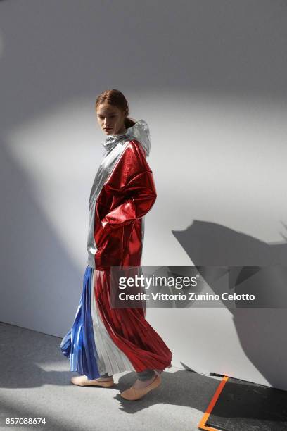 Model poses prior the Moncler Gamme Rouge show as part of the Paris Fashion Week Womenswear Spring/Summer 2018 on October 3, 2017 in Paris, France.