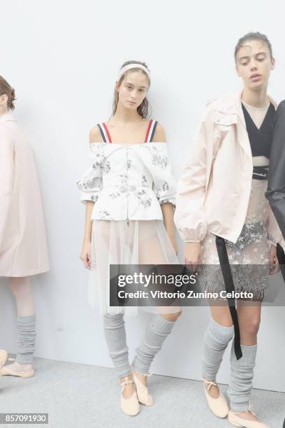 Models pose prior the Moncler Gamme Rouge show as part of the Paris Fashion Week Womenswear Spring/Summer 2018 on October 3, 2017 in Paris, France.