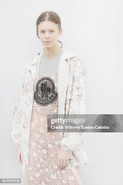 Model poses prior the Moncler Gamme Rouge show as part of the Paris Fashion Week Womenswear Spring/Summer 2018 on October 3, 2017 in Paris, France.