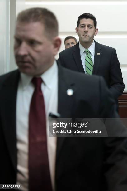 Speaker of the House Paul Ryan arrives ahead of the weekly House GOP conference meeting at the U.S. Capitol October 3, 2017 in Washington, DC. Ryan...