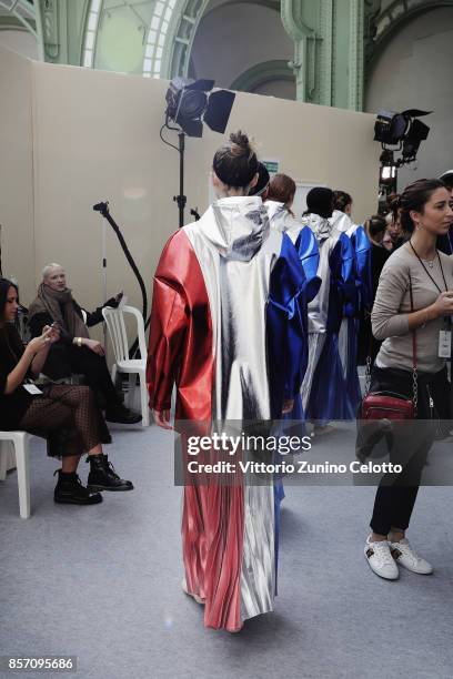 Models pose prior the Moncler Gamme Rouge show as part of the Paris Fashion Week Womenswear Spring/Summer 2018 on October 3, 2017 in Paris, France.