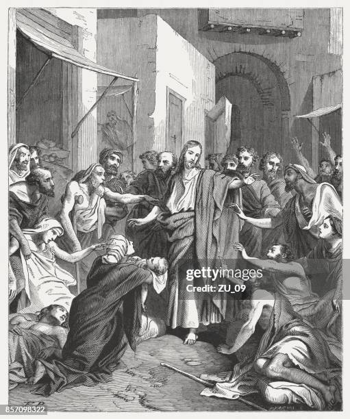 jesus heals the sick (mark 6, 56), published in 1886 - images of jesus healing stock illustrations