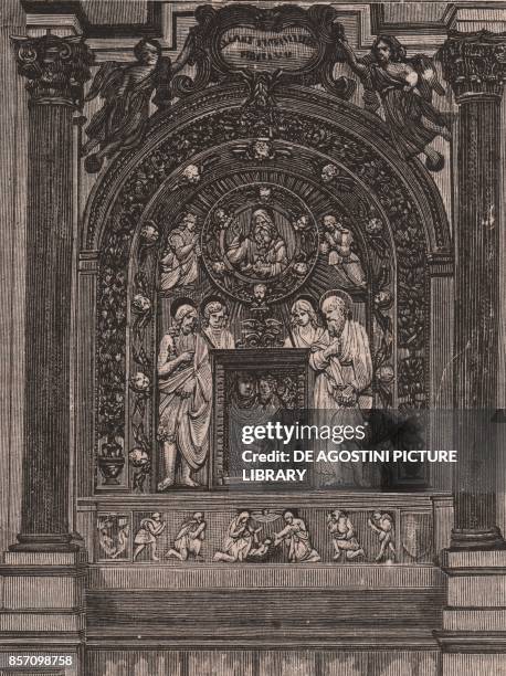 Altar of the church of Santa Maria delle Grazie, by Luca della Robbia, Montepulciano, Tuscany, Italy, woodcut from Le cento citta d'Italia ,...