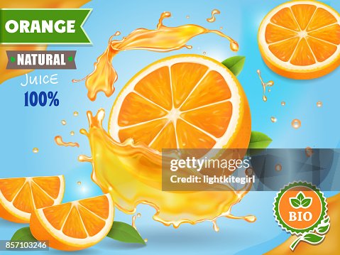 Orange Juice Ad Realistic Fruits In Juicy Splash Package Design High ...