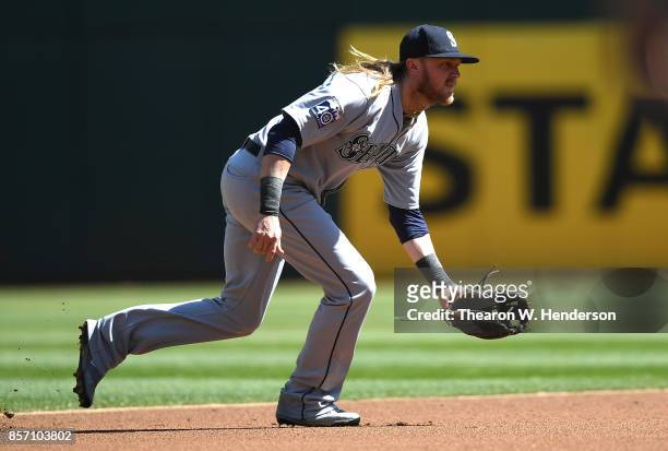 Taylor Motter of the Seattle Mariners in action against the Oakland Athletics in the bottom of the first inning at Oakland Alameda Coliseum on...