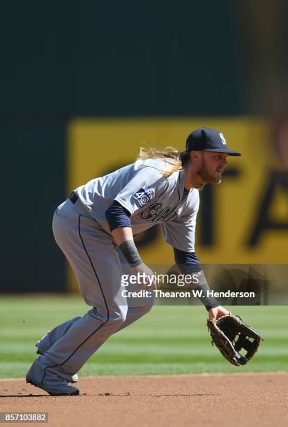 Taylor Motter of the Seattle Mariners in action against the Oakland Athletics in the bottom of the first inning at Oakland Alameda Coliseum on...