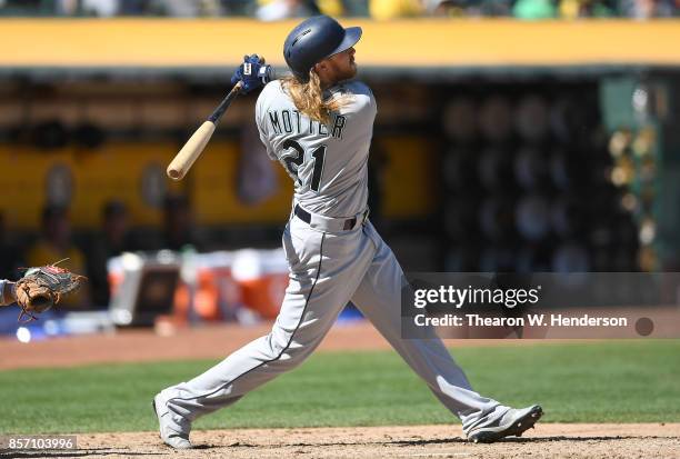 Taylor Motter of the Seattle Mariners bats against the Oakland Athletics in the top of the fifth inning at Oakland Alameda Coliseum on September 27,...