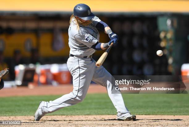 Taylor Motter of the Seattle Mariners bats against the Oakland Athletics in the top of the fifth inning at Oakland Alameda Coliseum on September 27,...