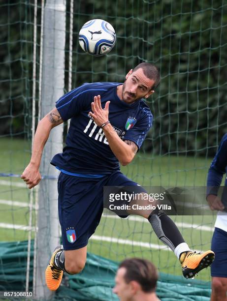 Leonardo Bonucci of Italy in action during a training session at Italy club's training ground at Coverciano on October 3, 2017 in Florence, Italy.