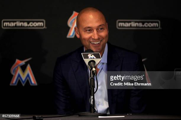 Miami Marlins CEO Derek Jeter speak with members of the media at Marlins Park on October 3, 2017 in Miami, Florida.