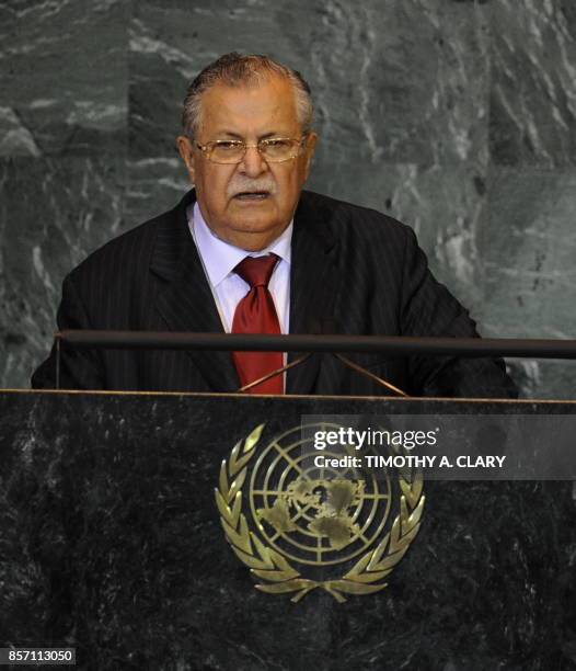 Jalal Talabani, President of the Republic of Iraq speaks during the 63rd session of the United Nations General Assembly at the United Nations in New...