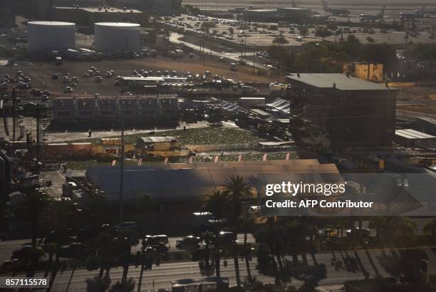 View of Las Vegas Village, a 15-acre open air venue on the Las Vegas strip October 3, 2017 is seen where 59 people were killed and more than 500...