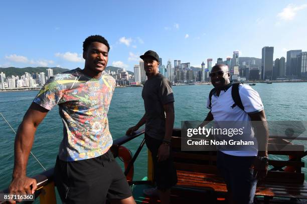 Damian Jones, David West and Assistant Coach Mike Brown of the Golden State Warriors takes in some sights around Hong Kong as part of the 2017 Global...