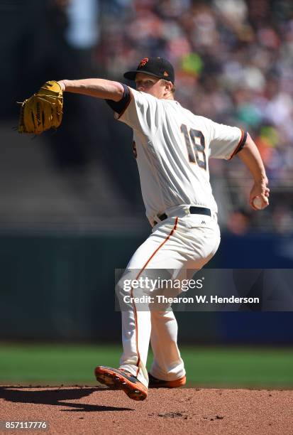 Matt Cain of the San Francisco Giants pitches against the San Diego Padres in the top of the first inning at AT&T Park on September 30, 2017 in San...