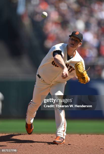 Matt Cain of the San Francisco Giants pitches against the San Diego Padres in the top of the first inning at AT&T Park on September 30, 2017 in San...