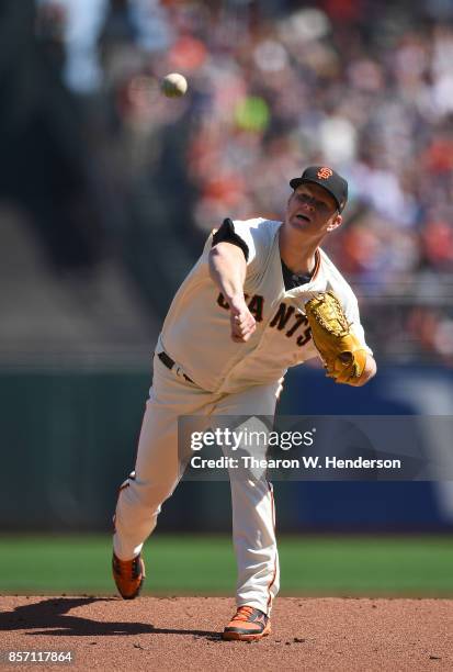 Matt Cain of the San Francisco Giants pitches against the San Diego Padres in the top of the first inning at AT&T Park on September 30, 2017 in San...