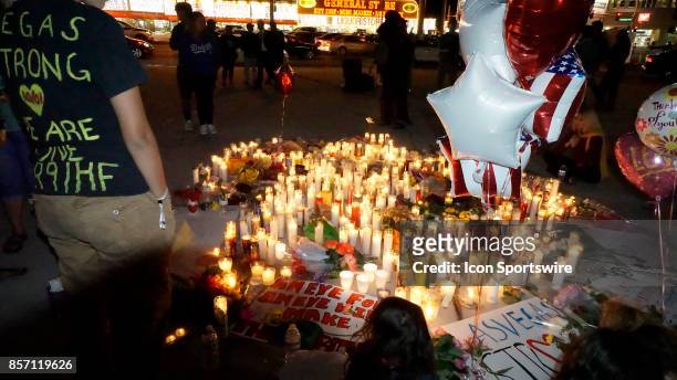 Makeshift memorial at the north end of the Las Vegas Strip on October 2 after a mass shooting at the Route 91 Harvest Festival near Mandalay Bay on...