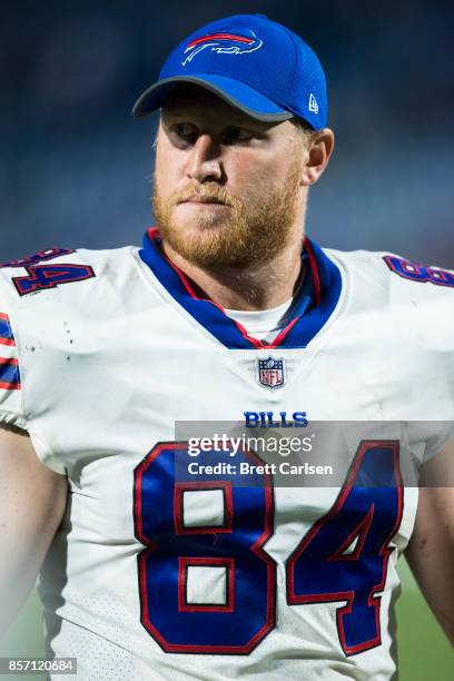 Nick O'Leary of the Buffalo Bills walks off the field after the game against the Minnesota Vikings on August 10, 2017 at New Era Field in Orchard...