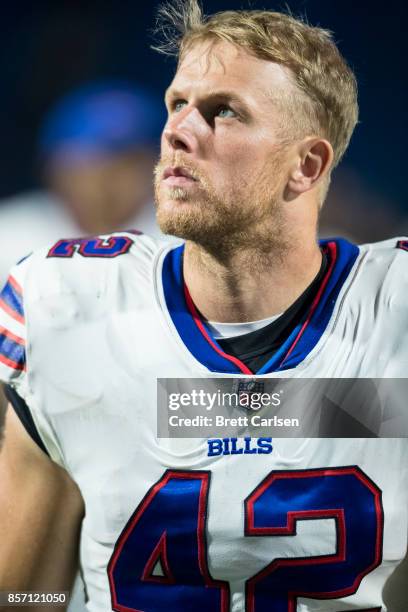 Patrick DiMarco of the Buffalo Bills walks off the field after the game against the Minnesota Vikings on August 10, 2017 at New Era Field in Orchard...