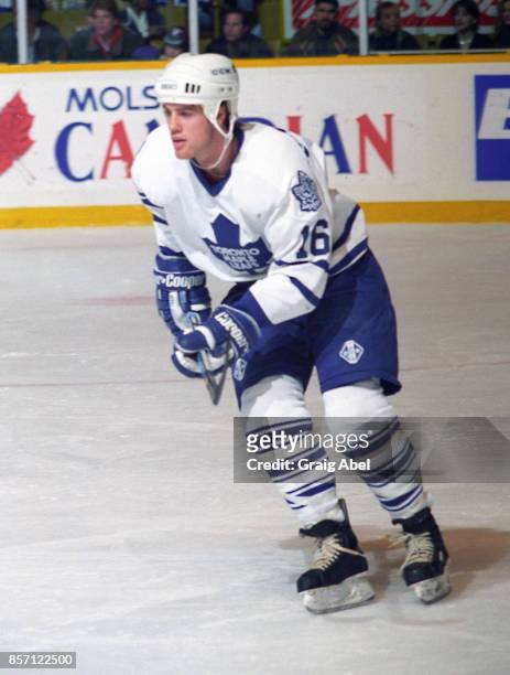 Darby Hendrickson of the Toronto Maple Leafs skates against the Mighty Ducks of Anaheim on December 2, 1995 at Maple Leaf Gardens in Toronto,...