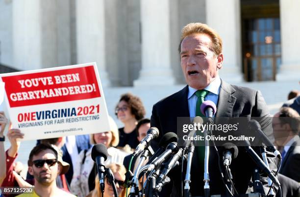 Former Gov. Arnold Schwarzenegger, R-Calif speaks outside of The United States Supreme Court during an oral arguments in Gill v. Whitford to call for...