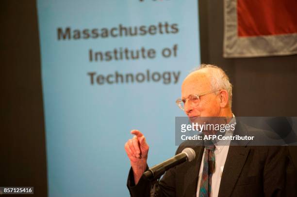 Physicist Rainer Weiss speaks during a press conference at the MIT Pappalardo Room after he received news early this morning that he shared the win...