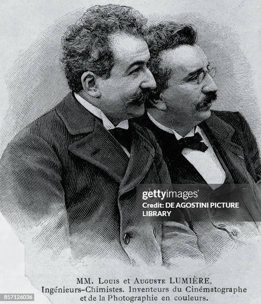 Portrait of Auguste Marie Louis Nicolas Lumiere and Louis Jean Lumiere , French entrepreneurs and inventors of the film projector, engraving from a...