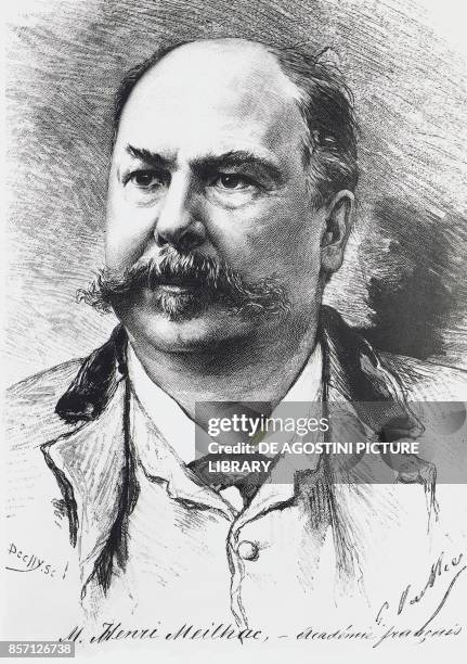 Portrait of Henri Meilhac , French librettist and playwright, woodcut by Dechy from a drawing by Gaston Vuillier .