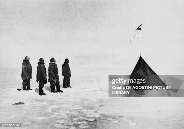 Roald Amundsen, Helmer Hanssen, Sverre Hassel and Oscar Wisting in front of the tent erected at the South Pole, December 16 photograph by Olav...