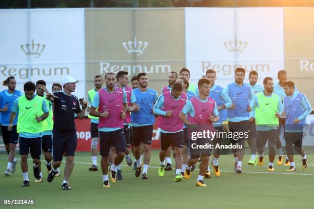 Players of Turkish National Football Team exercise during a training session ahead of the FIFA World Cup European Qualification Group I matches...