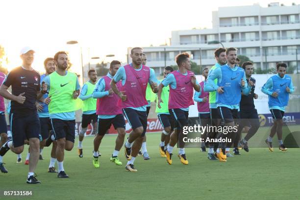 Players of Turkish National Football Team exercise during a training session ahead of the FIFA World Cup European Qualification Group I matches...