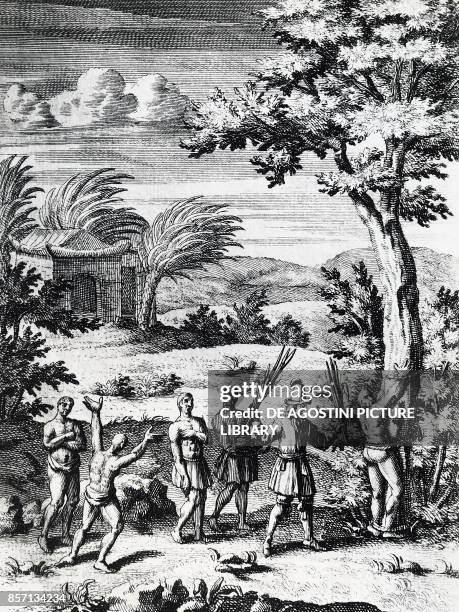 Buccaneer whipping a slave, Caribbean, engraving, 17th century.