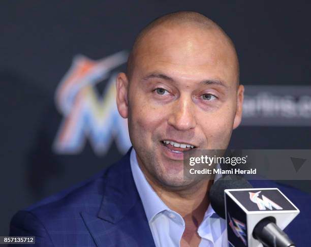 Derek Jeter, along with Bruce Sherman, hold their first press conference as Miami Marlins owners on Tuesday, Oct. 3, 2017.